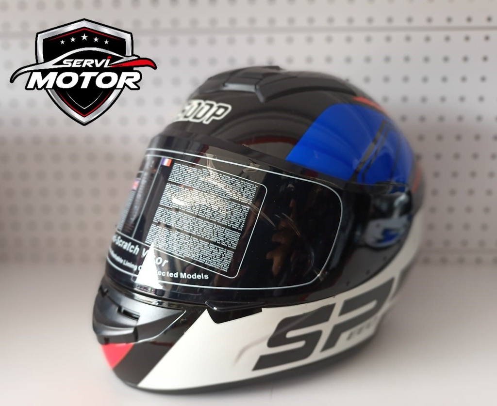 CASCO MOTO SPR BLANCO DETALLE AZUL Y ROJO